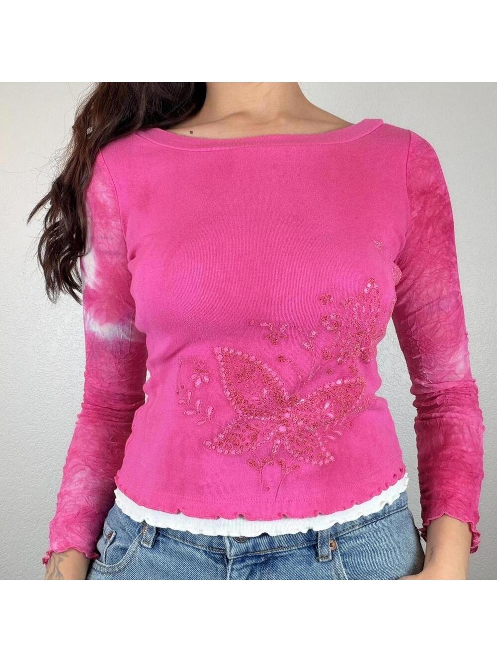 Y2K Fang Pink Butterfly Top
